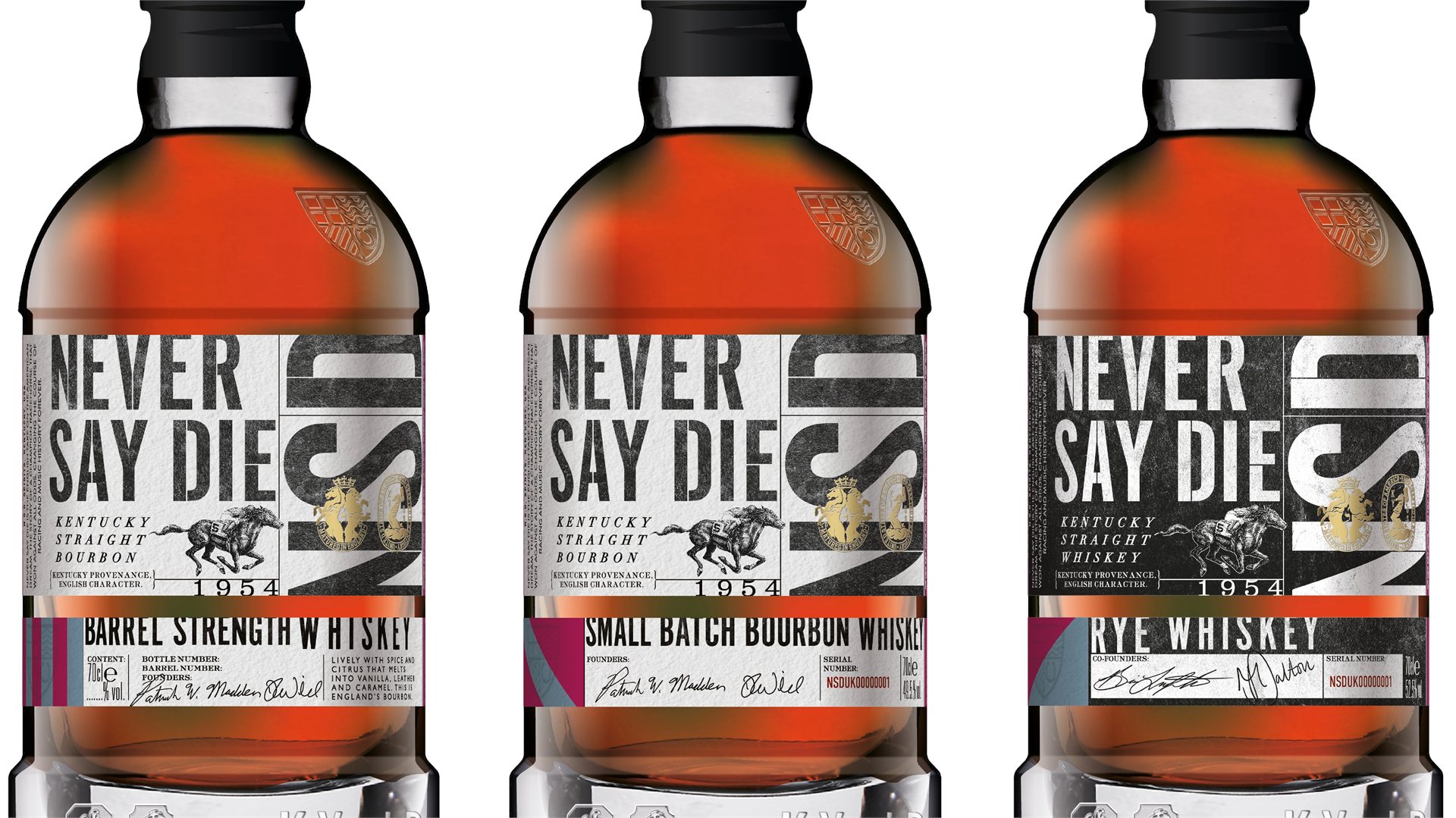 Never Say Die Barrel Strength, Small Batch Bourbon and Rye Whiskey bottles